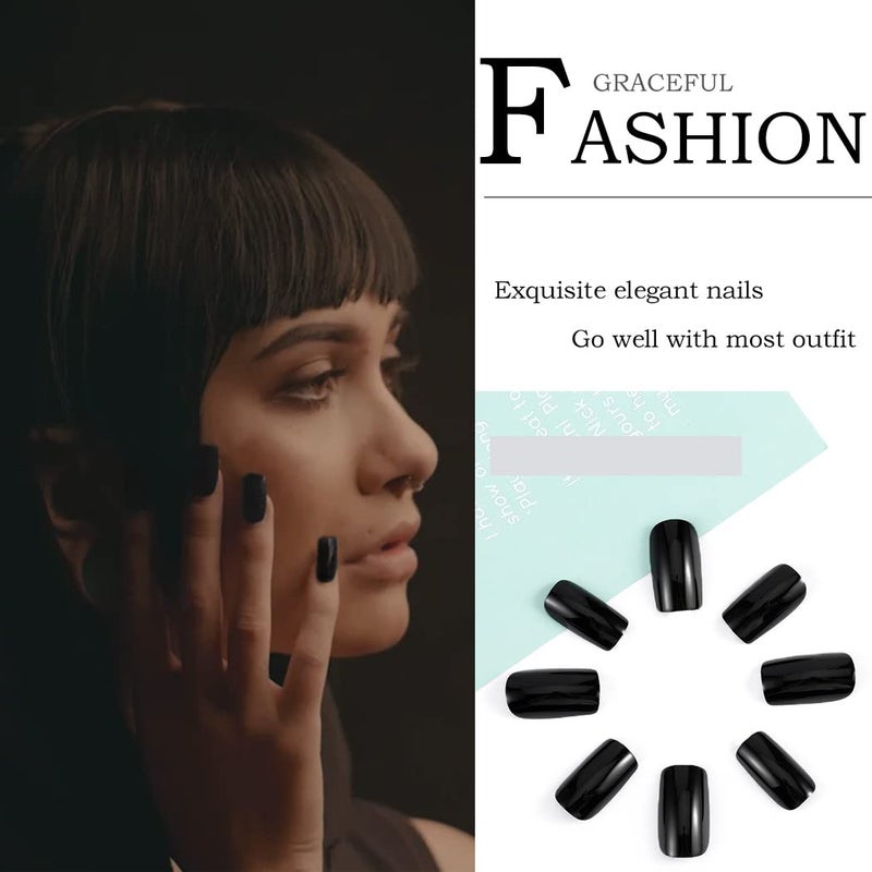 Gangel Black False Nails Square Fake Nails Medium Glossy Acrylic Full Cover Simple Press on Nails(24 pcs) - Image 3